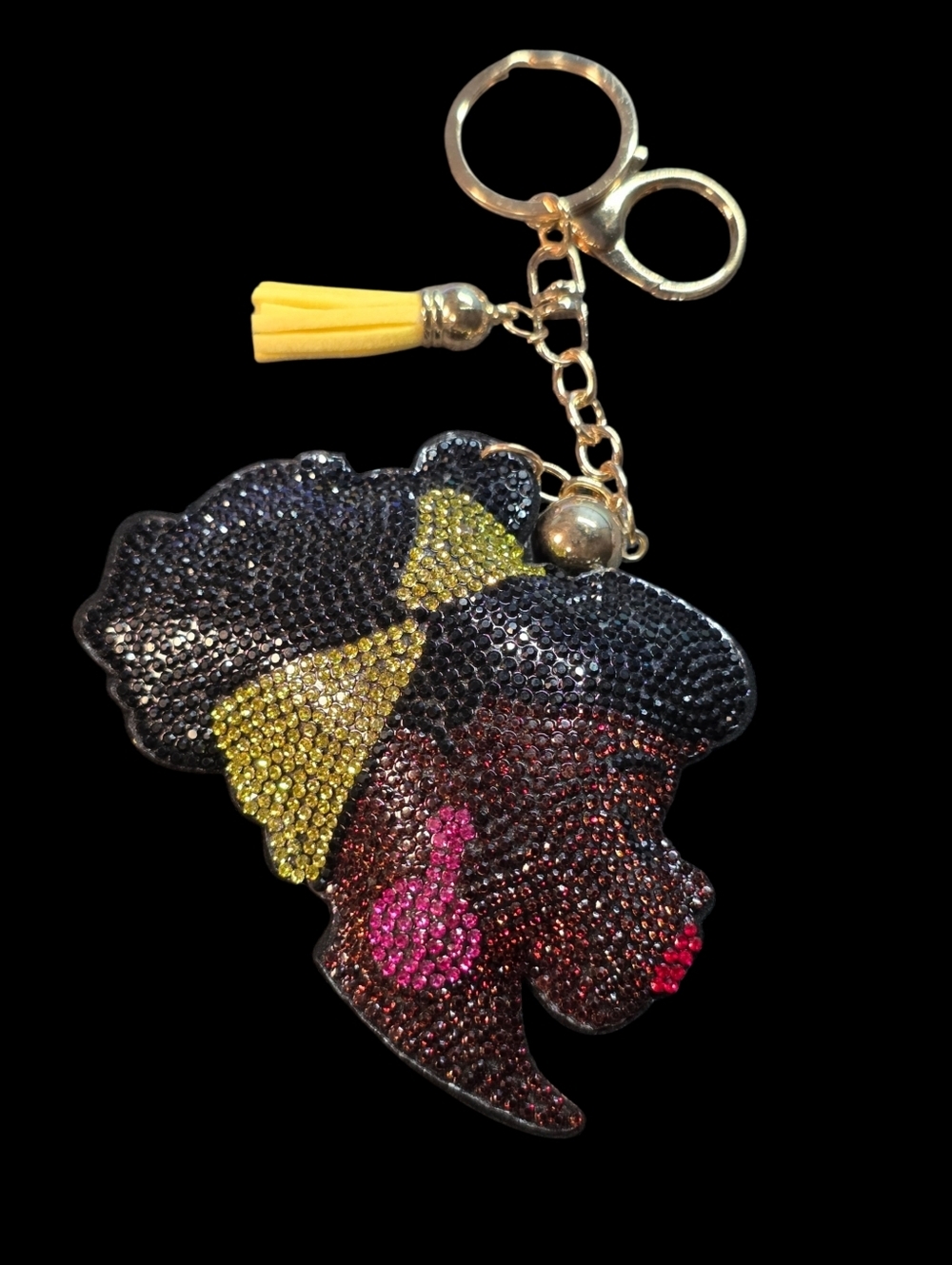 Rhinestone Black Girl Silhouette Keychain with YellowTassel